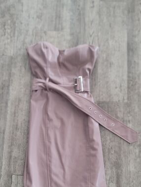 Strapless Belted Faux-Leather Dress in Dusty Rose